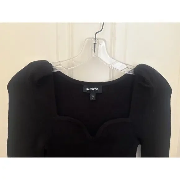 EXPRESS BLACK PUFF SHOULDER LACE PIECED BODY CONTOUR SWEATER DRESS Small - Picture 8 of 8
